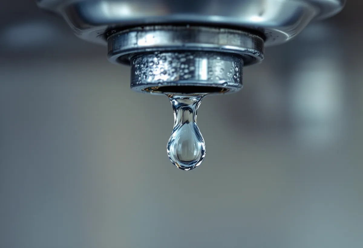 Gota de água se formando em uma junção de cano com vazamento sob a pia