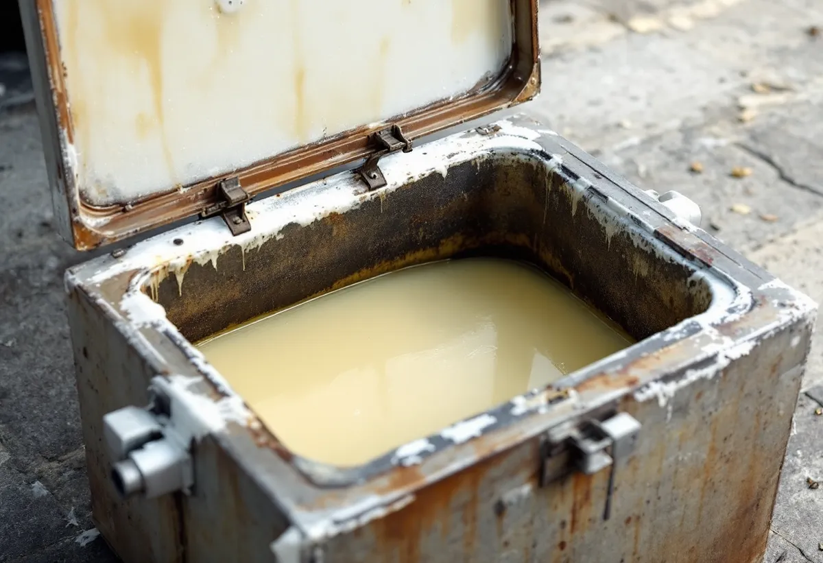Caixa de gordura aberta com gordura solidificada e água gordurosa