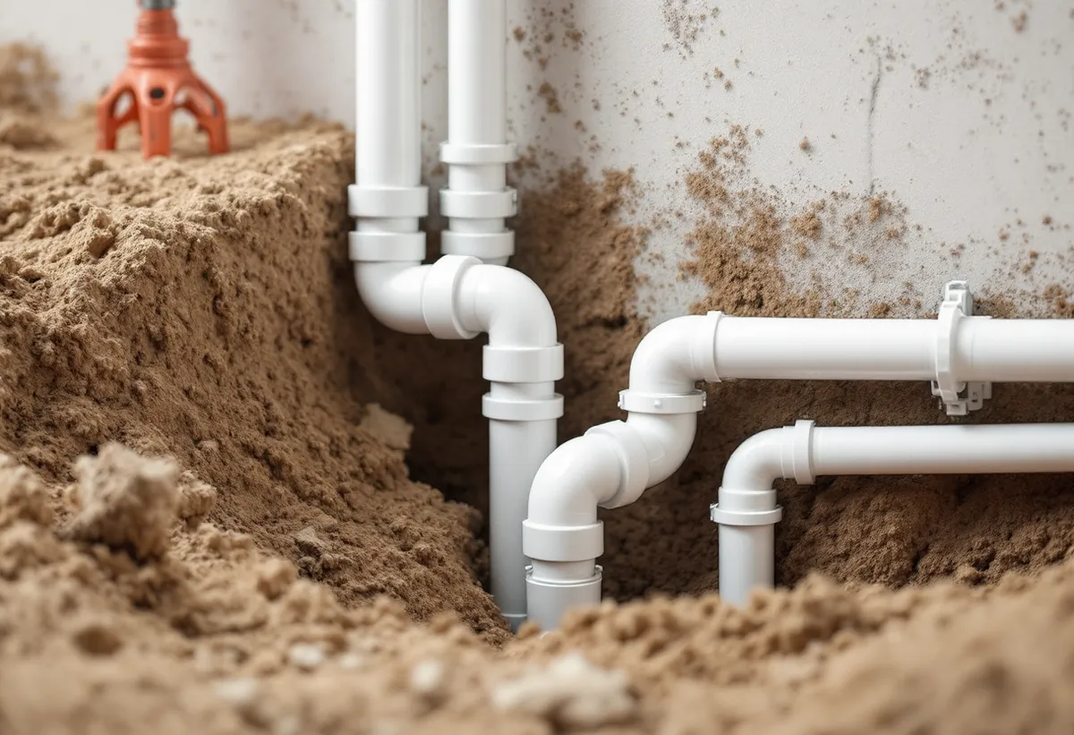 Tubos de PVC com conexões expostos em uma vala de parede