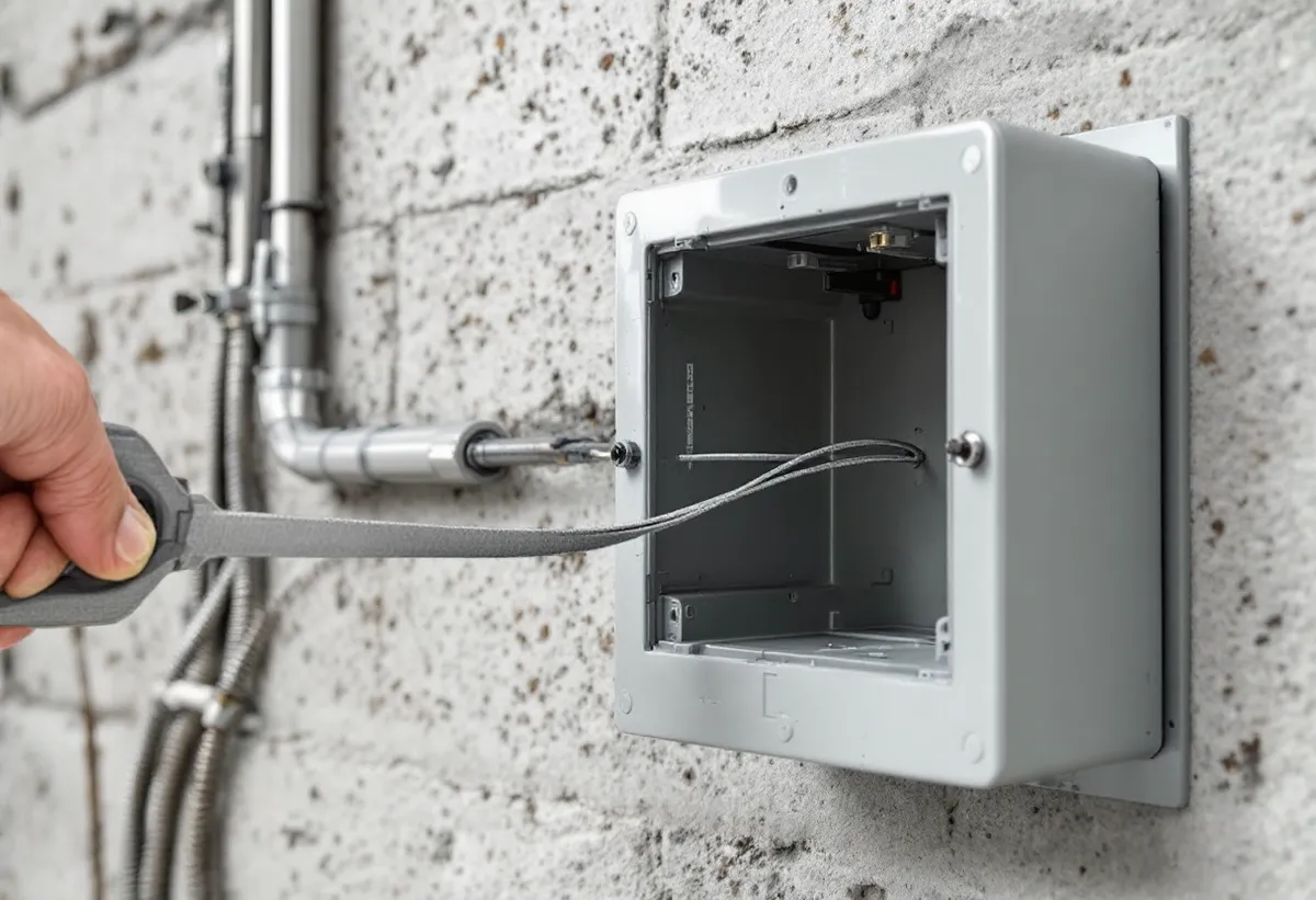 Fita de aço passa-fio sendo inserida em uma caixa de conduíte elétrico em parede de alvenaria
