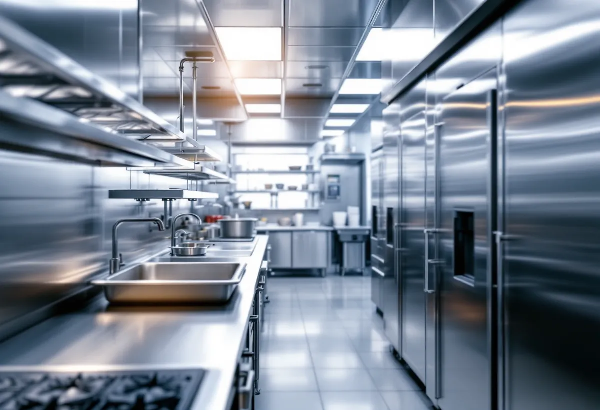 Interior limpo de uma cozinha industrial com superfícies de inox