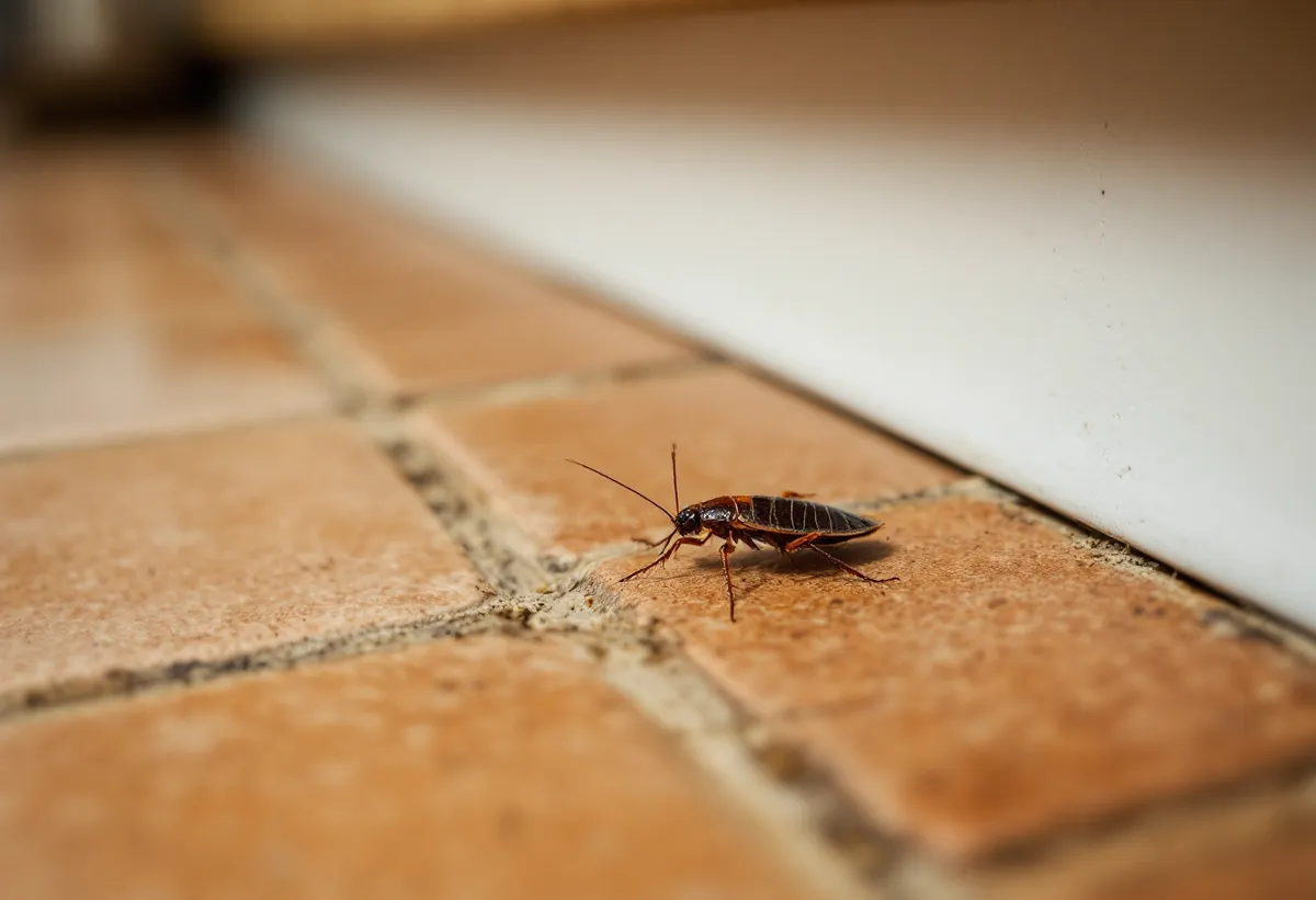 Barata em um piso de cozinha próximo ao rodapé