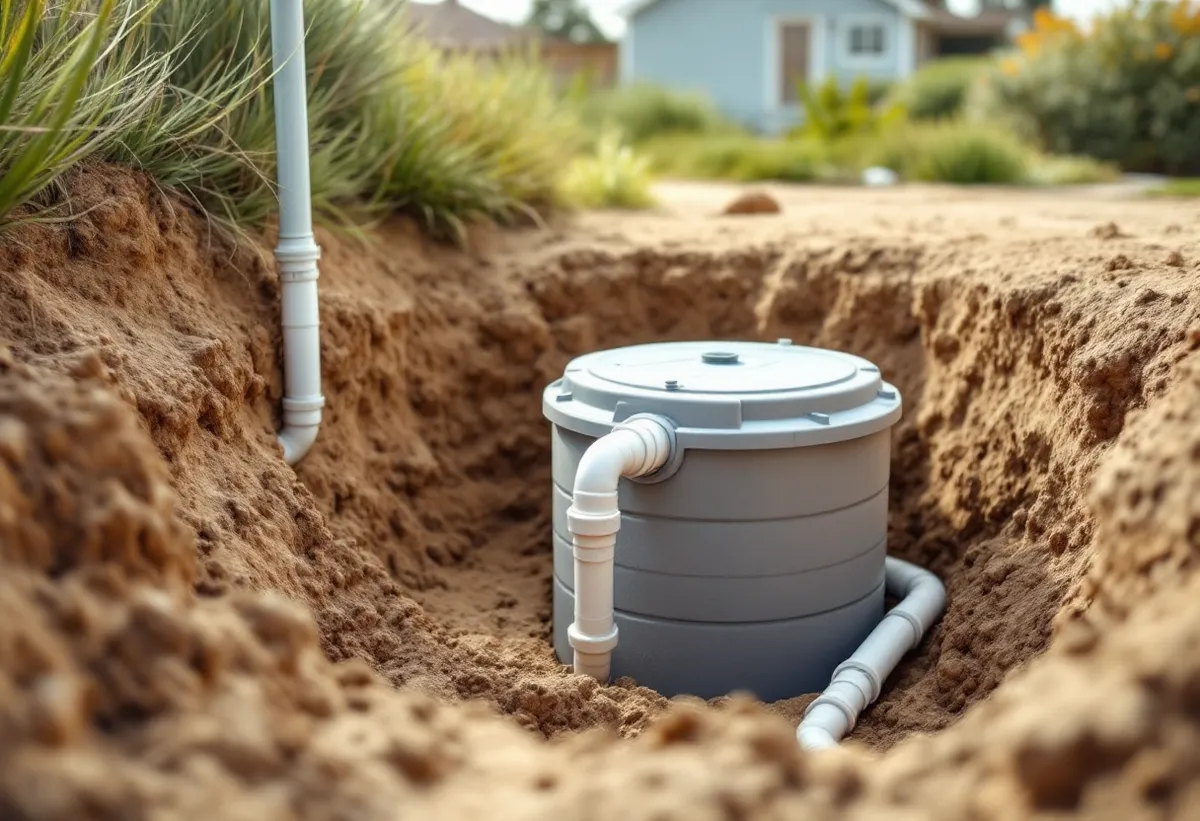 Tanque de fossa séptica de concreto com canos de PVC em uma vala aberta em solo arenoso