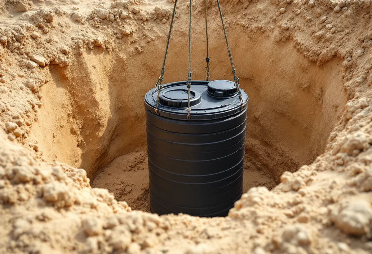 Tanque cilíndrico preto de fossa biodigestora sendo baixado por cordas em uma vala