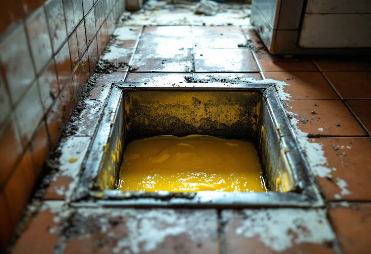 Caixa de gordura comercial aberta no piso de uma cozinha, com gordura solidificada acumulada