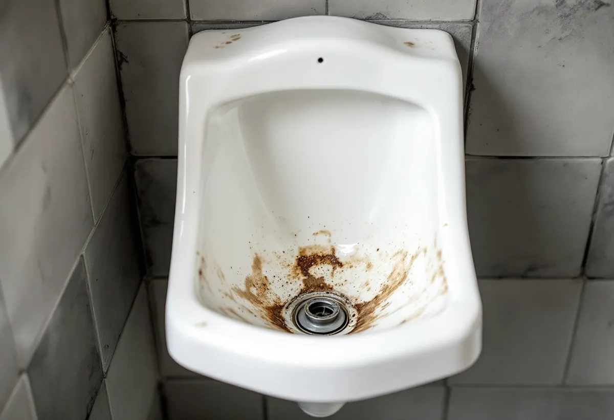 Mictório de louça branca com incrustação e sarro ao redor do ralo, em banheiro comercial