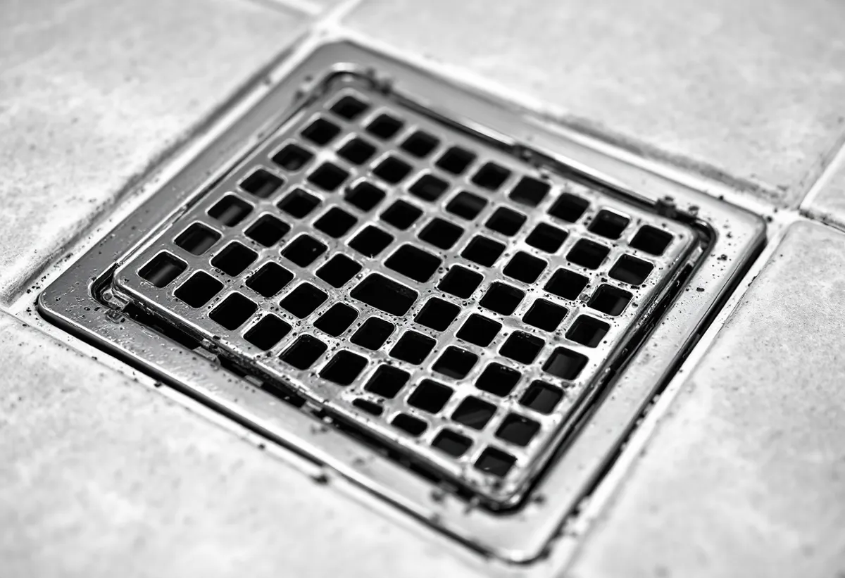 Grelha de ralo de banheiro removida ao lado do furo do ralo no piso