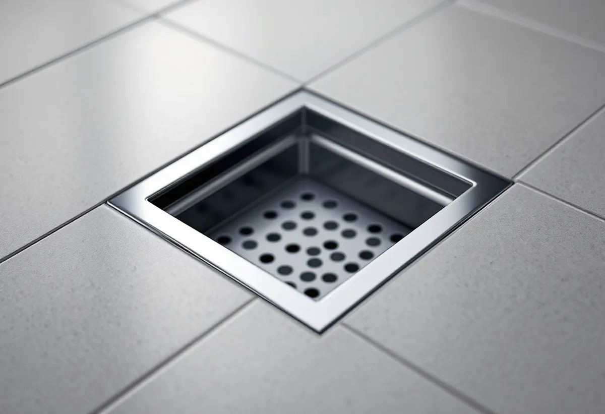 Ralo escamoteável quadrado cromado embutido no piso do banheiro