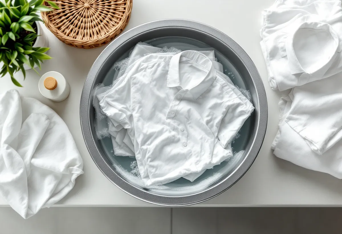 Roupas brancas de molho em uma bacia com água e sabão