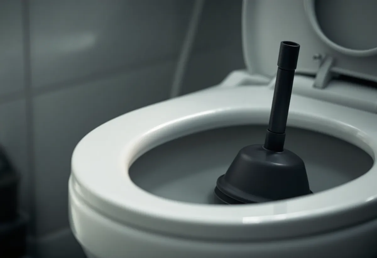 Desentupidor de borracha apoiado ao lado de um vaso sanitário branco