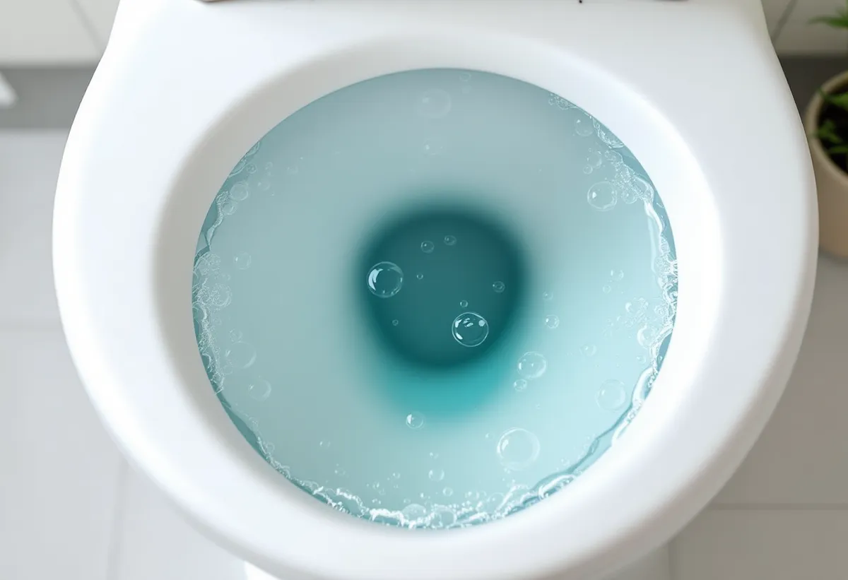 Vaso sanitário branco visto de cima com água limpa